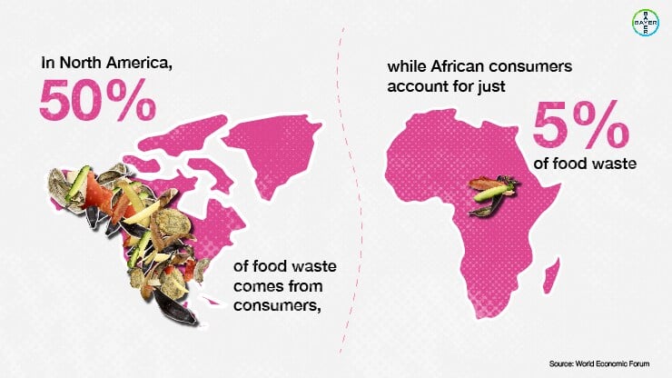 Infografik, die die Muster der Lebensmittelverschwendung in verschiedenen Regionen vergleicht und zeigt, dass Verbraucher in Nordamerika für 50 % der Lebensmittelverschwendung verantwortlich sind, verglichen mit 5 % in Afrika.