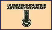 Banner histórico com fundo bege exibindo o logotipo “IG Farbenindustrie Aktiengesellschaft” e um símbolo químico estilizado ao centro, representando a formação da grande associação industrial química alemã entre 1925 e 1945.