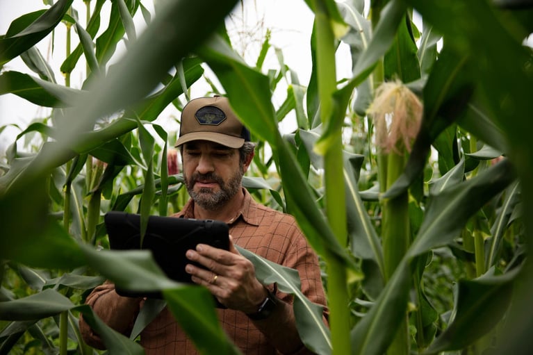 Agricultor con una tableta en un campo de maíz.