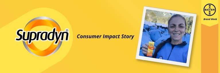 Imagen promocional de Supradyn con persona sosteniendo el producto, impacto en la energía y bienestar en la vida diaria.