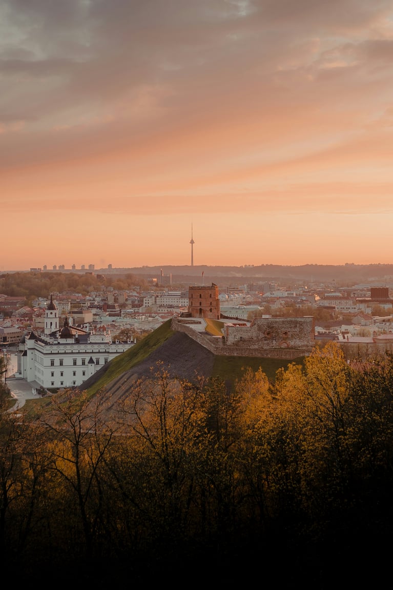 Vilniaus senamiesčio panorama su istoriniais pastatais ir bažnyčių bokštais.