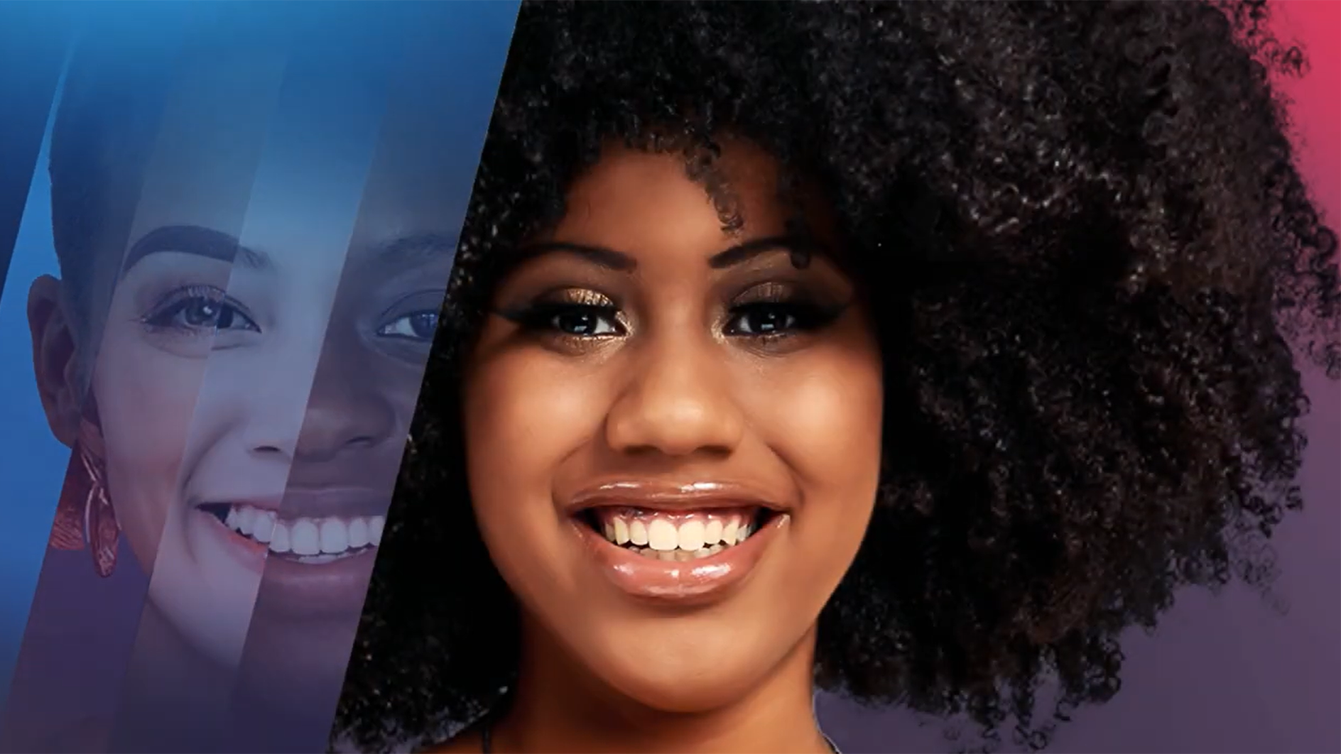 A composite image of a smiling person with curly hair overlayed with partial transparent faces on a blue and pink gradient background.