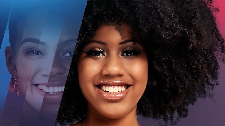 A composite image of a smiling person with curly hair overlayed with partial transparent faces on a blue and pink gradient background.