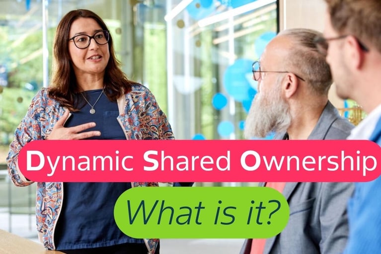 A woman speaking to two seated men in a modern office setting, with text overlay: "Dynamic Shared Ownership - What is it?"