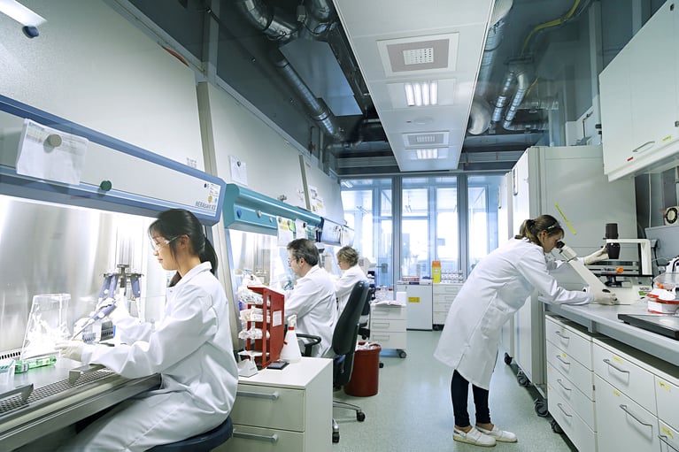 Investigadores trabajando en un laboratorio de Bayer, impulsando la innovación científica y el desarrollo de nuevas soluciones para la salud y la agricultura.