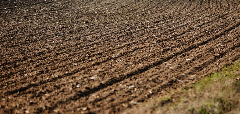 Detalle de suelo agrícola arado con surcos visibles, textura de tierra cultivada en campo