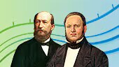 Retrato histórico de dois homens do século XIX, vestindo roupas formais escuras, posicionados lado a lado, representando os fundadores da Bayer no período inicial da empresa (1863–1881), sobre um fundo gráfico com linhas coloridas.