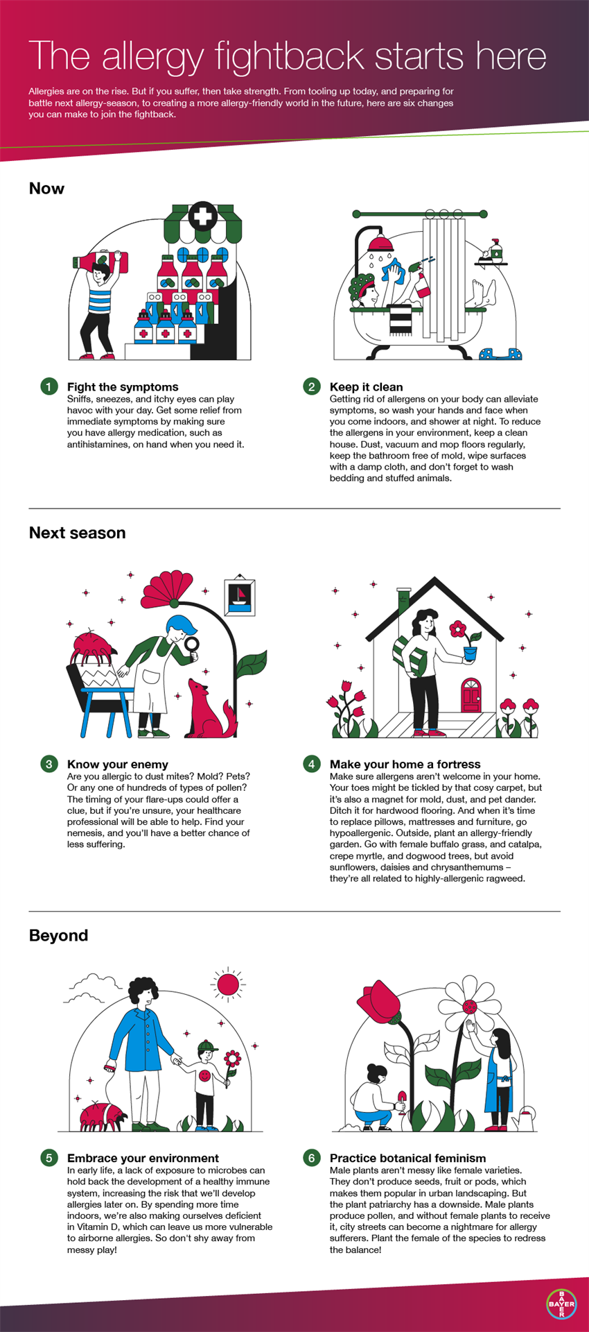 Infographic outlining six ways to reduce pollen allergy symptoms, including symptom management, reducing indoor allergens, identifying triggers, creating allergy-friendly spaces, increasing outdoor exposure and supporting biodiversity.