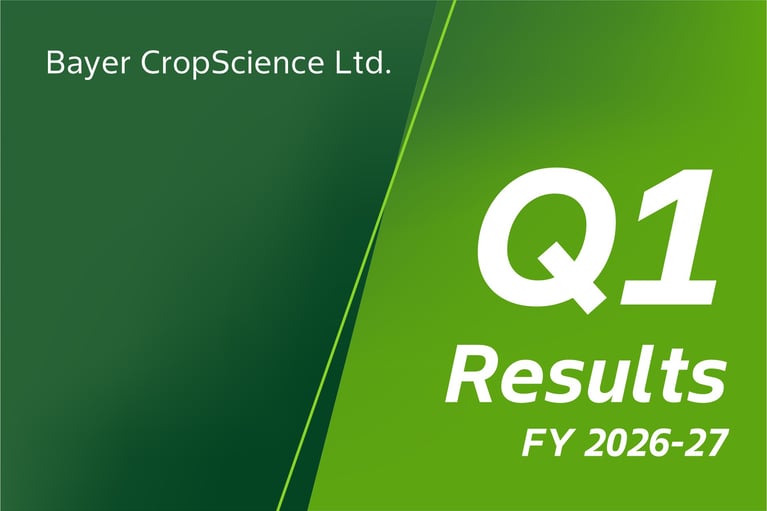 Green banner displaying 'Bayer CropScience Ltd' and 'Q1 Results FY 2026-27' in white text with a gradient background.