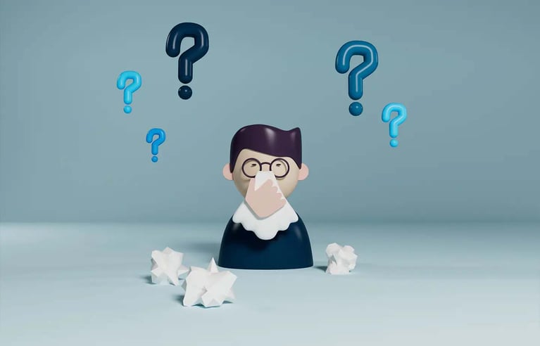 Illustration of a person surrounded by question marks, representing health concerns, symptom assessment and the search for reliable health information.