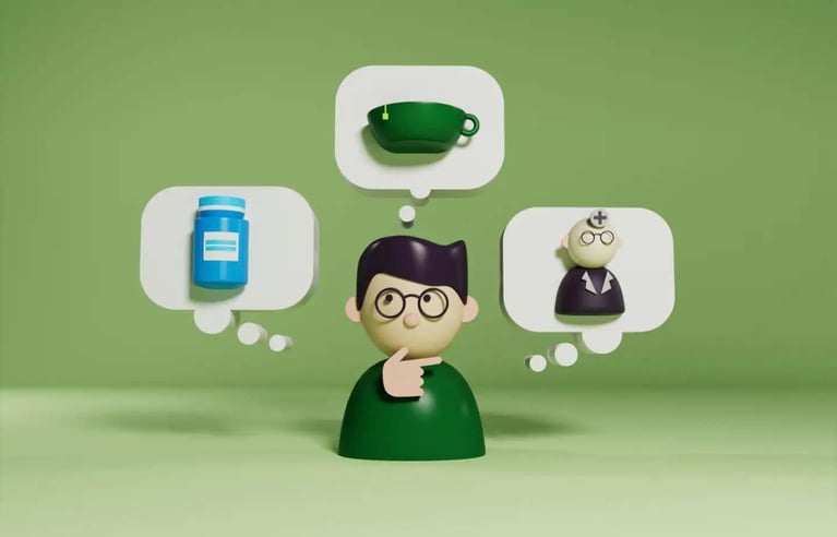Illustration of a person considering self-care options, medication and professional medical advice to make informed health decisions.