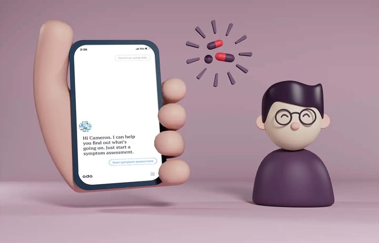 Person using a smartphone to access Ada Health’s AI-powered symptom assessment and personalized health guidance.